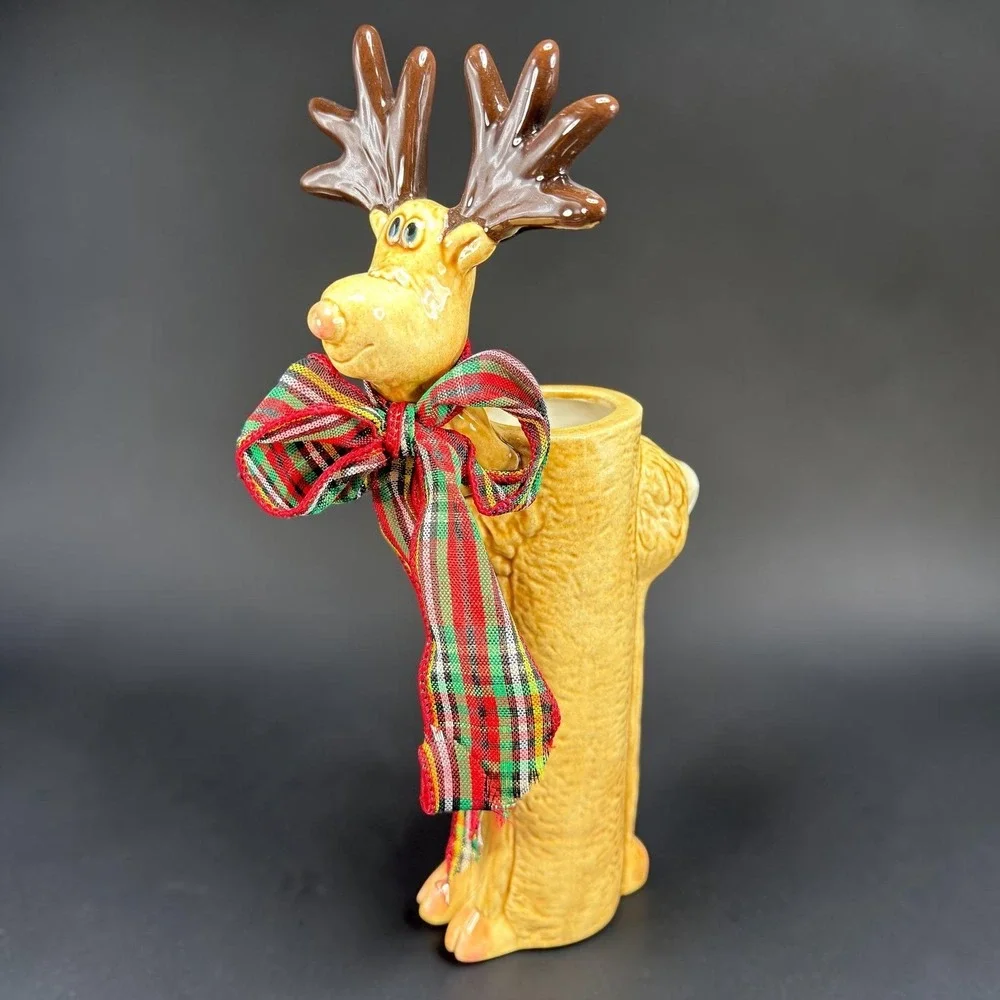 Ceramic Reindeer Bud Vase Christmas Holiday Decor Plaid‎ Bow 11.5 Inch Tan Brown